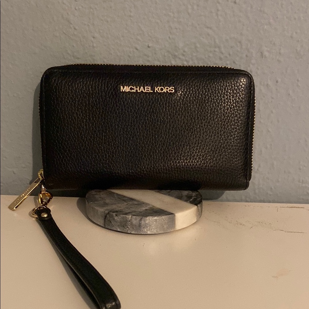 Michael Kors Black Leather Wristlet with Gold Accents